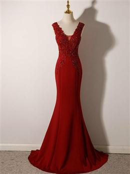 Picture of Wine Red Color Mermaid Floor Length Low Back Evening Dresses, Burgundy Formal Dresses Party Dresses